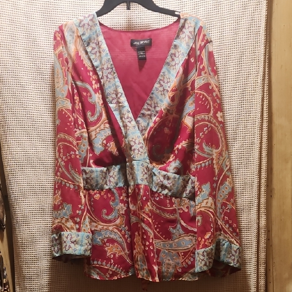 Lane Bryant Red Paisley Wrap Blouse with Blue Accents